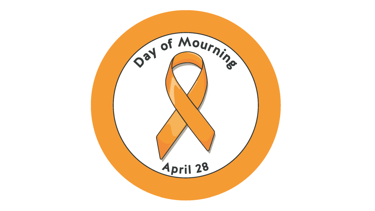 An orange circle with an orange ribbon inside signifying the National Day of Mourning